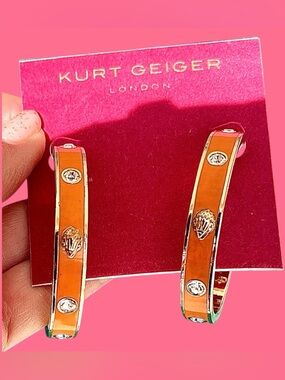 Kurt Geiger Hoop Earrings Orange Enamel on Gold-tone w/Crystals & Micro BirdHeaf